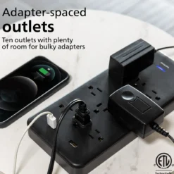 Philips 10-Outlet 6ft. 2 USB-A Surge Protector With Adapter-Spaced Outlets, Black
