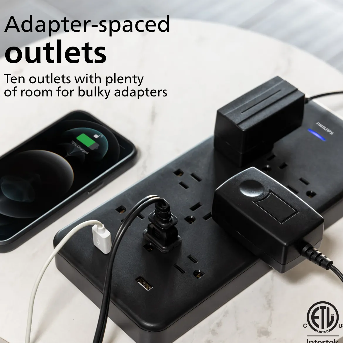 Philips 10-Outlet 6ft. 2 USB-A Surge Protector With Adapter-Spaced Outlets, Black
