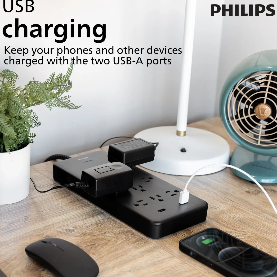 Philips 10-Outlet 6ft. 2 USB-A Surge Protector With Adapter-Spaced Outlets, Black