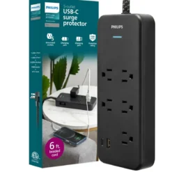 Philips 5-Outlet 6ft. 1 USB-A 1 USB-C Surge Protector With Adapter-Spaced Outlets, Black