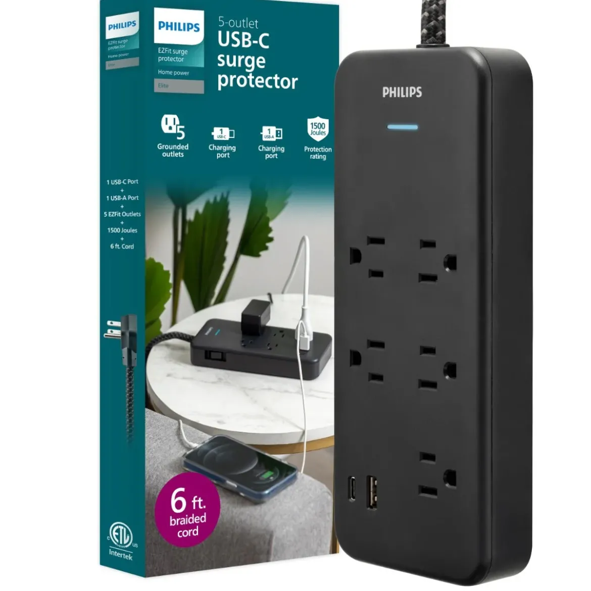 Philips 5-Outlet 6ft. 1 USB-A 1 USB-C Surge Protector With Adapter-Spaced Outlets, Black