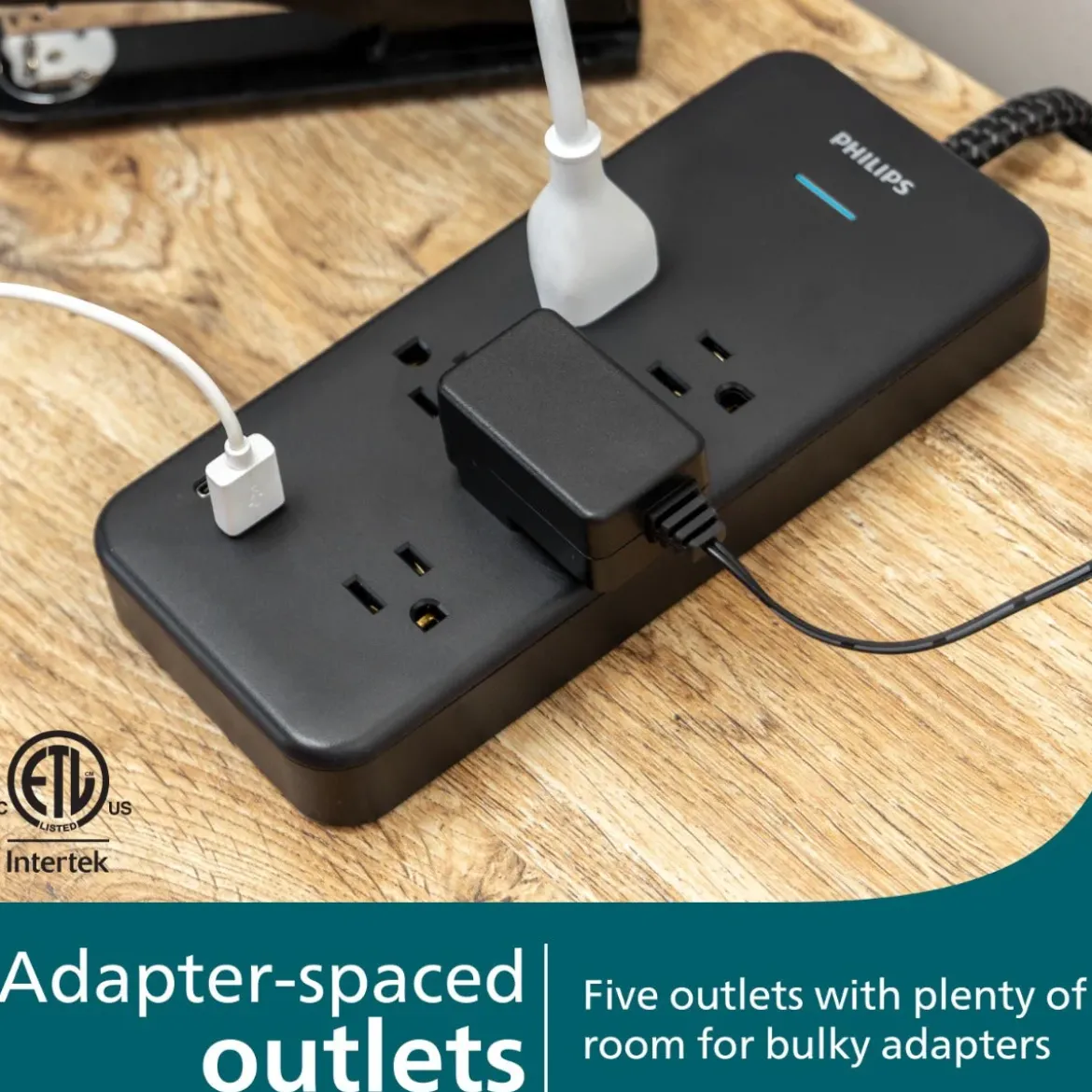 Philips 5-Outlet 6ft. 1 USB-A 1 USB-C Surge Protector With Adapter-Spaced Outlets, Black
