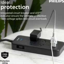 Philips 5-Outlet 6ft. 1 USB-A 1 USB-C Surge Protector With Adapter-Spaced Outlets, Black