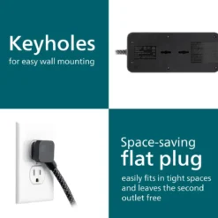 Philips 5-Outlet 6ft. 1 USB-A 1 USB-C Surge Protector With Adapter-Spaced Outlets, Black