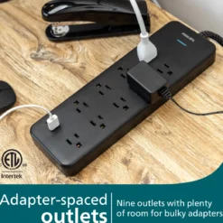 Philips 9-Outlet 6ft. 1 USB-A 1 USB-C Surge Protector With Adapter-Spaced Outlets, Black