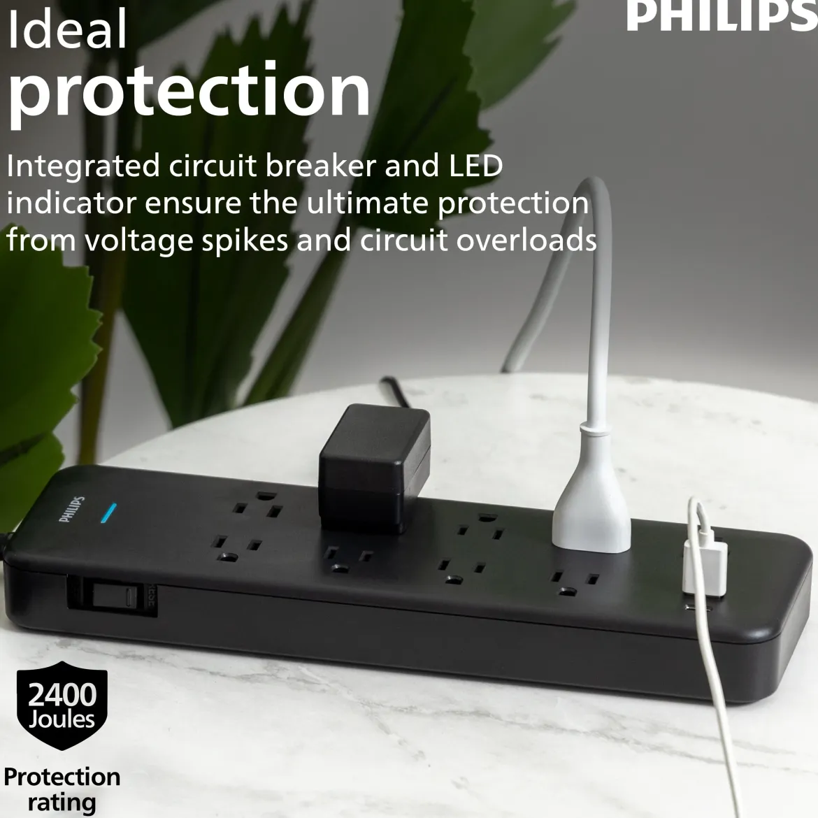 Philips 9-Outlet 6ft. 1 USB-A 1 USB-C Surge Protector With Adapter-Spaced Outlets, Black