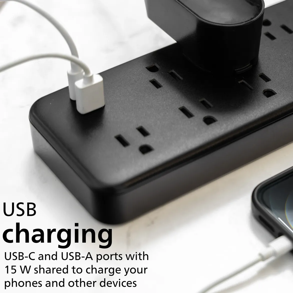 Philips 9-Outlet 6ft. 1 USB-A 1 USB-C Surge Protector With Adapter-Spaced Outlets, Black