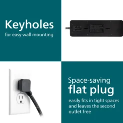 Philips 9-Outlet 6ft. 1 USB-A 1 USB-C Surge Protector With Adapter-Spaced Outlets, Black