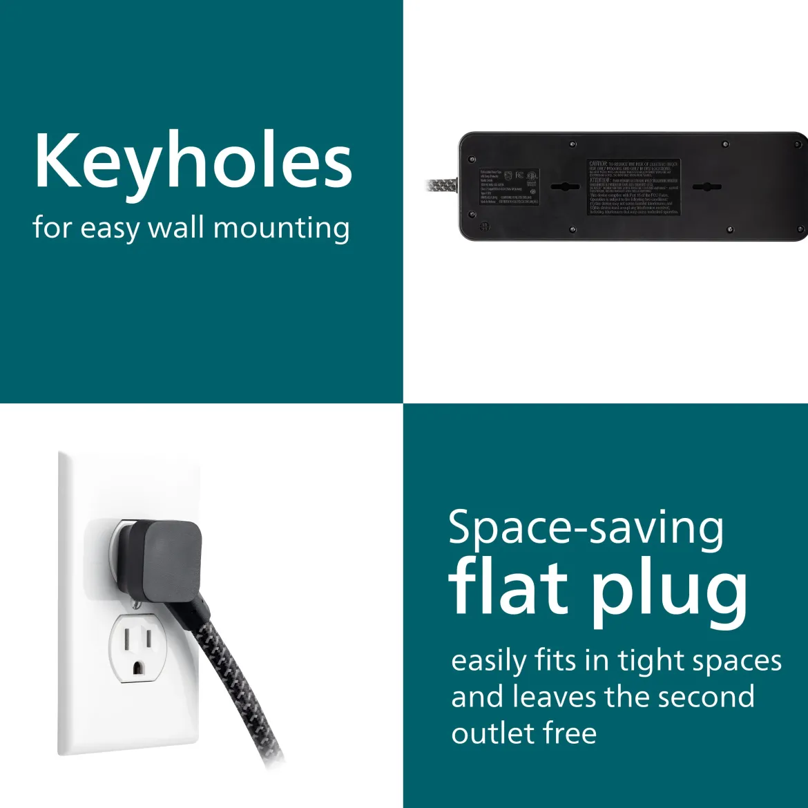 Philips 9-Outlet 6ft. 1 USB-A 1 USB-C Surge Protector With Adapter-Spaced Outlets, Black