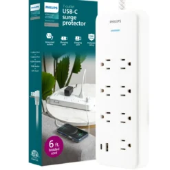 Philips 7-Outlet 6ft. 1 USB-A 1 USB-C Surge Protector With Adapter-Spaced Outlets, White