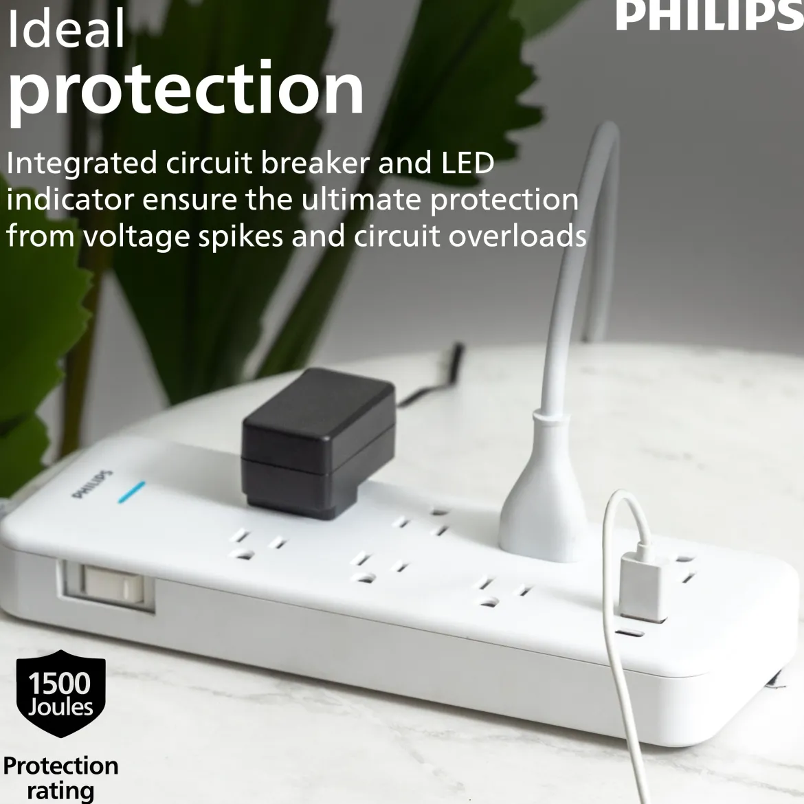 Philips 7-Outlet 6ft. 1 USB-A 1 USB-C Surge Protector With Adapter-Spaced Outlets, White