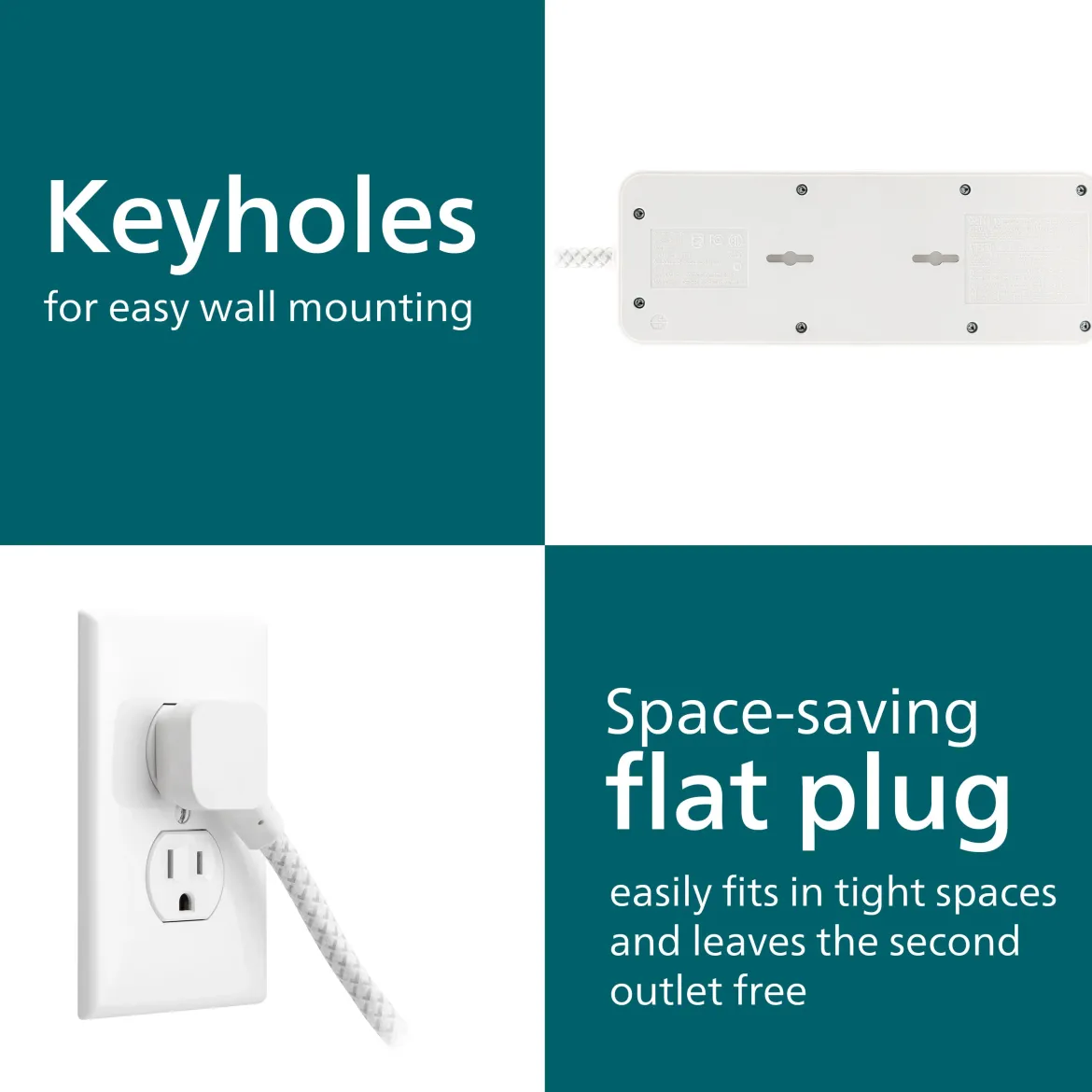 Philips 7-Outlet 6ft. 1 USB-A 1 USB-C Surge Protector With Adapter-Spaced Outlets, White