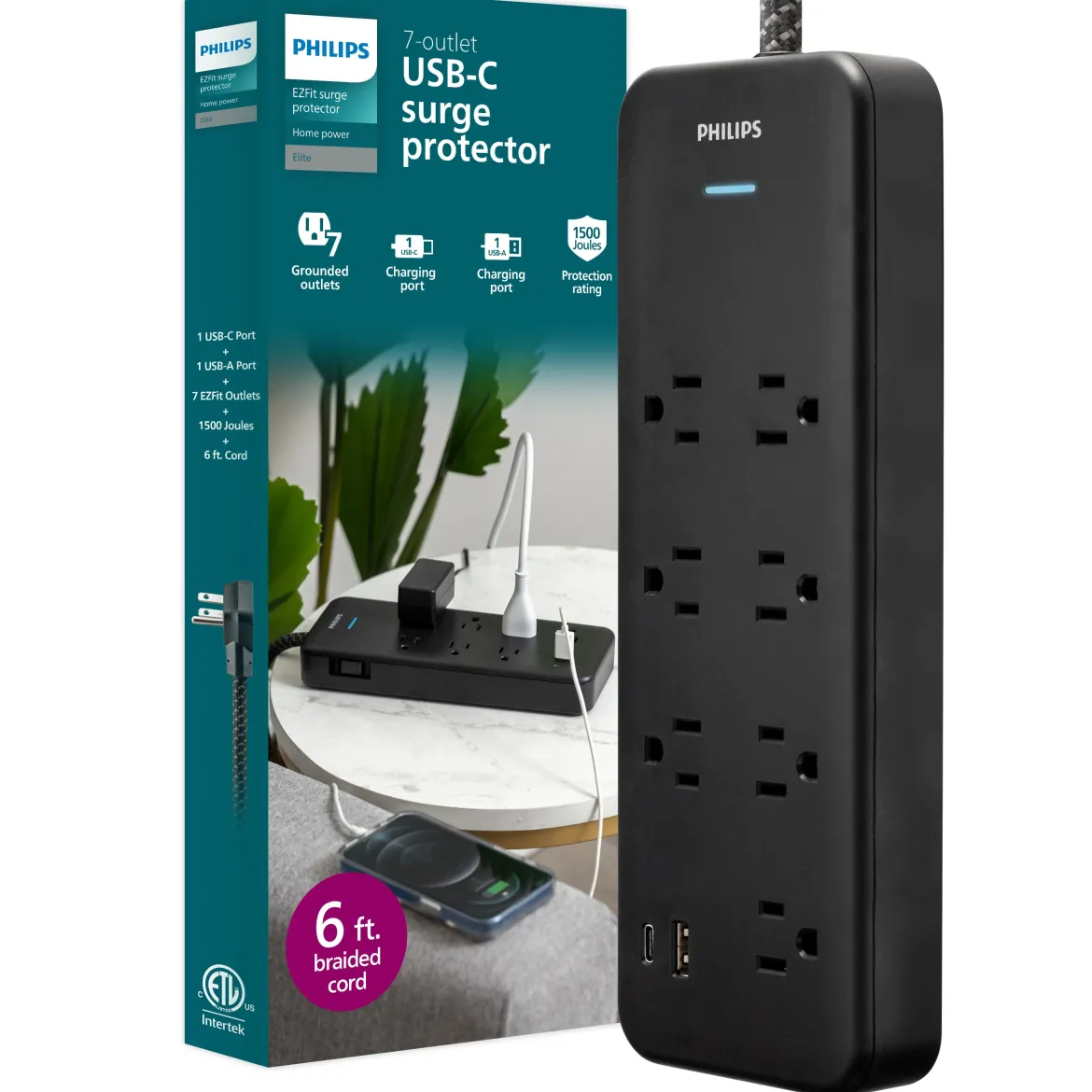 Philips 7-Outlet 6ft. 1 USB-A 1 USB-C Surge Protector With Adapter-Spaced Outlets, Black