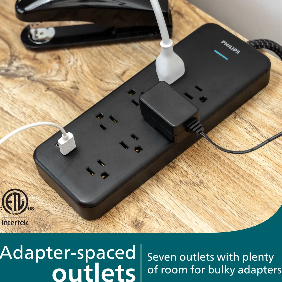 Philips 7-Outlet 6ft. 1 USB-A 1 USB-C Surge Protector With Adapter-Spaced Outlets, Black