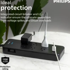 Philips 7-Outlet 6ft. 1 USB-A 1 USB-C Surge Protector With Adapter-Spaced Outlets, Black
