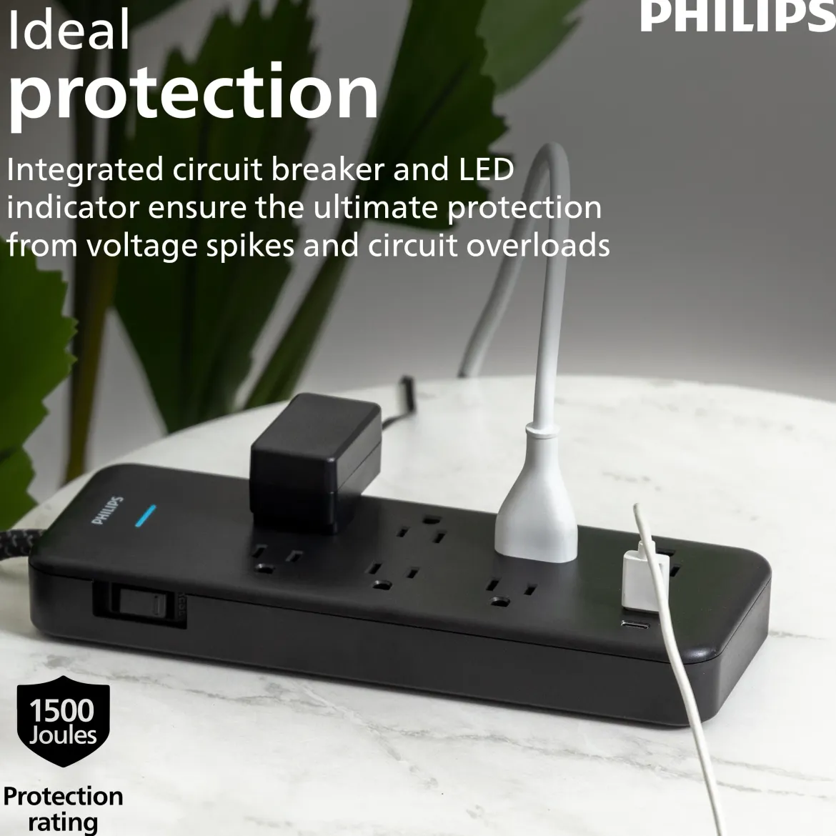 Philips 7-Outlet 6ft. 1 USB-A 1 USB-C Surge Protector With Adapter-Spaced Outlets, Black