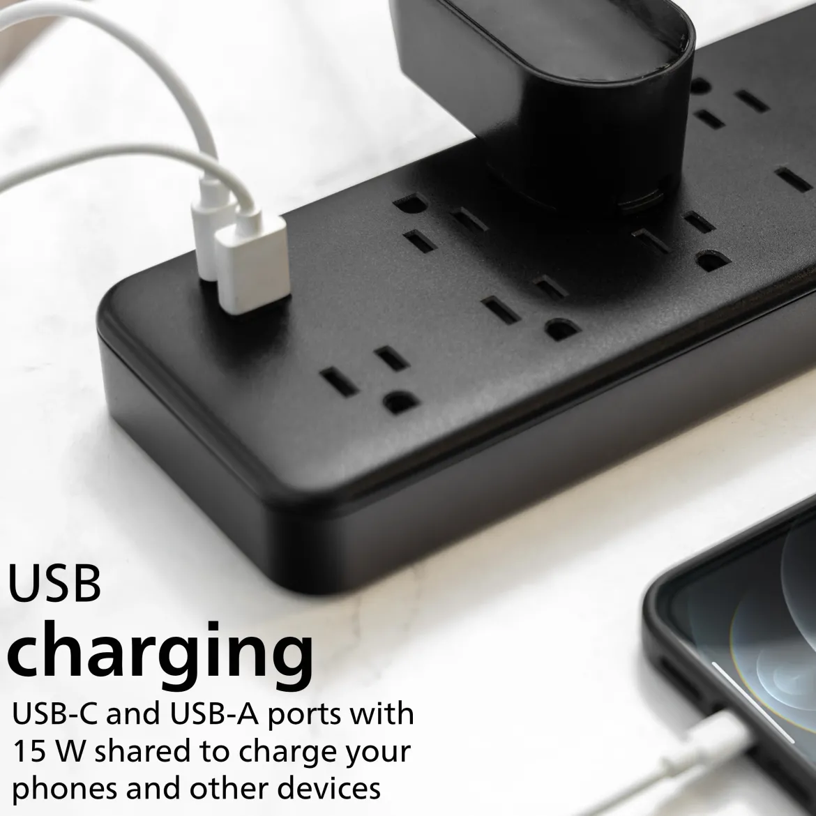 Philips 7-Outlet 6ft. 1 USB-A 1 USB-C Surge Protector With Adapter-Spaced Outlets, Black