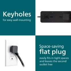 Philips 7-Outlet 6ft. 1 USB-A 1 USB-C Surge Protector With Adapter-Spaced Outlets, Black