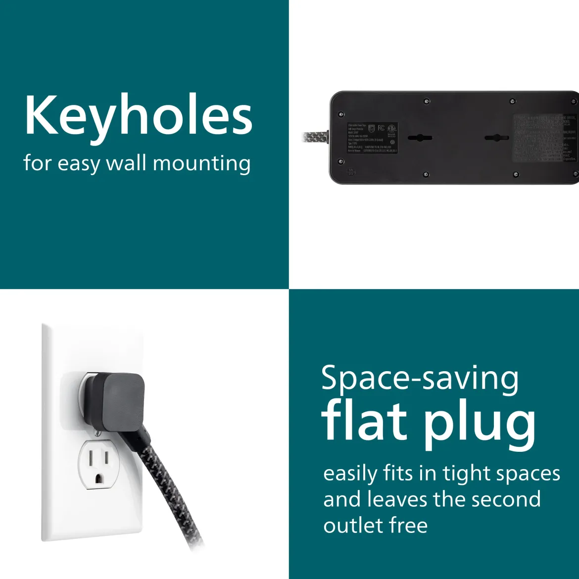 Philips 7-Outlet 6ft. 1 USB-A 1 USB-C Surge Protector With Adapter-Spaced Outlets, Black