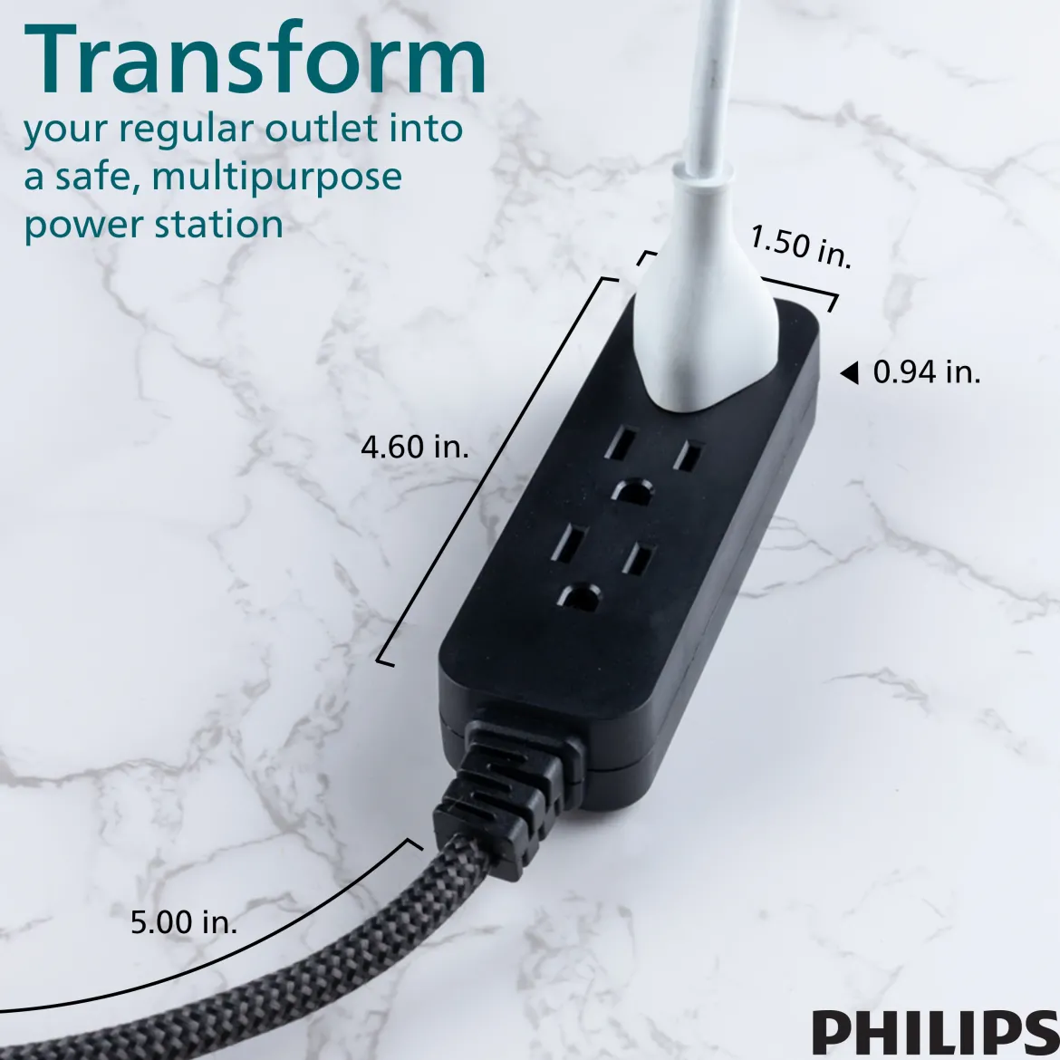 Philips 3-Outlet Grounded Mini Extension Cord, Flat Plug, Black