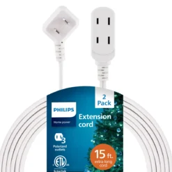Philips 3-Outlet Polarized Extension Cord, 15ft., White 2 pack