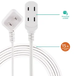 Philips 3-Outlet Polarized Extension Cord, 15ft., White 2 pack