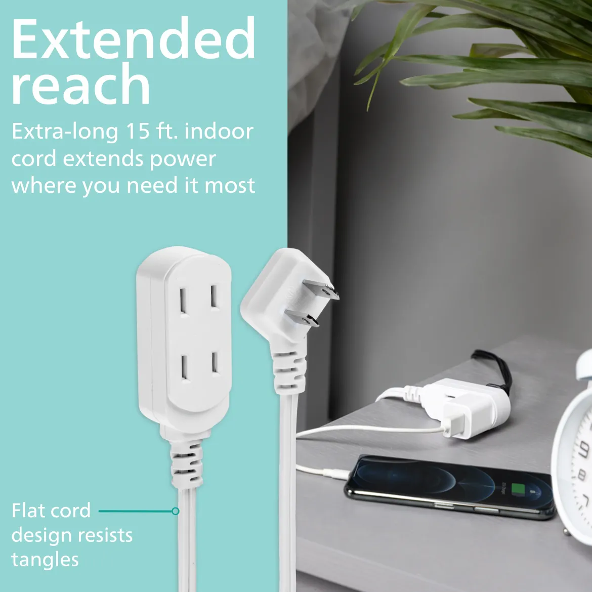 Philips 3-Outlet Polarized Extension Cord, 15ft., White 2 pack