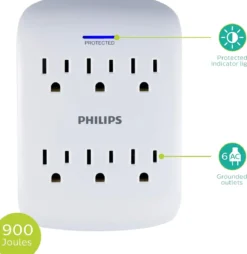 Philips 6-Outlet Surge Protector Wall Tap, White, 4pk