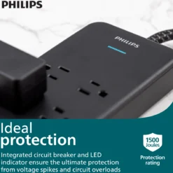 Philips 7-Outlet Surge Protector with USB Charging, 1USB-A, 1USB-C, 1500J, Adapter Spaced, 4ft Braided Cord, Black