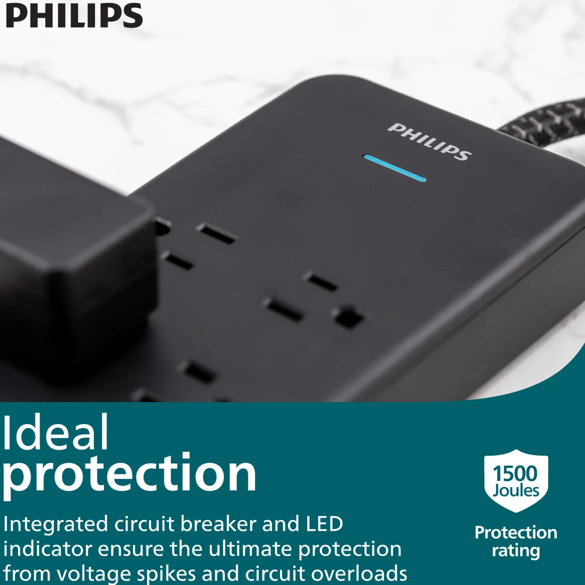 Philips 7-Outlet Surge Protector with USB Charging, 1USB-A, 1USB-C, 1500J, Adapter Spaced, 4ft Braided Cord, Black