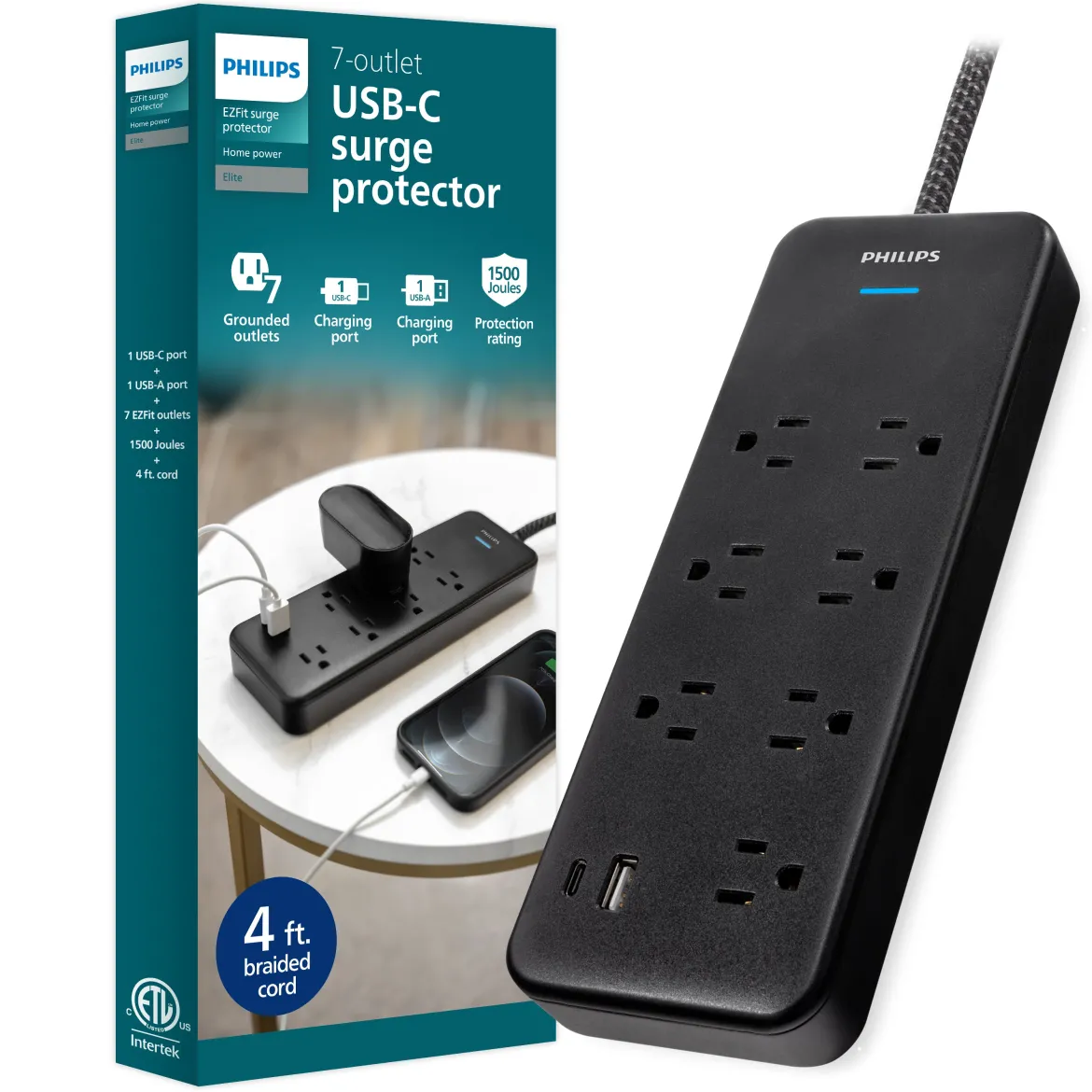 Philips 7-Outlet Surge Protector with USB Charging, 1USB-A, 1USB-C, 1500J, Adapter Spaced, 4ft Braided Cord, Black