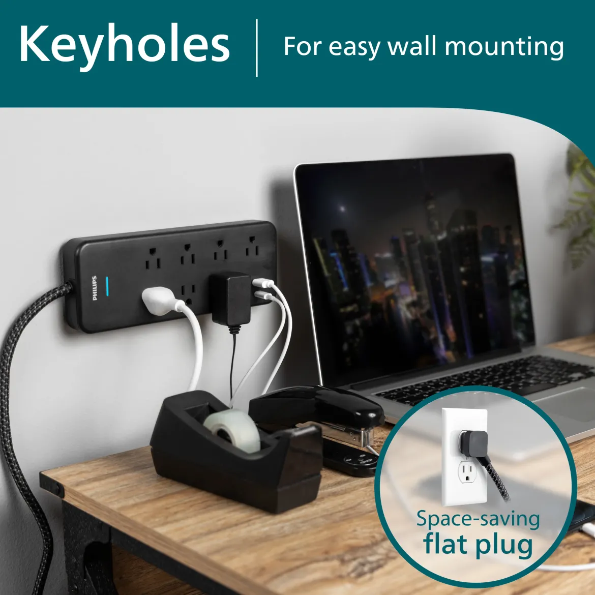 Philips 7-Outlet Surge Protector with USB Charging, 1USB-A, 1USB-C, 1500J, Adapter Spaced, 4ft Braided Cord, Black