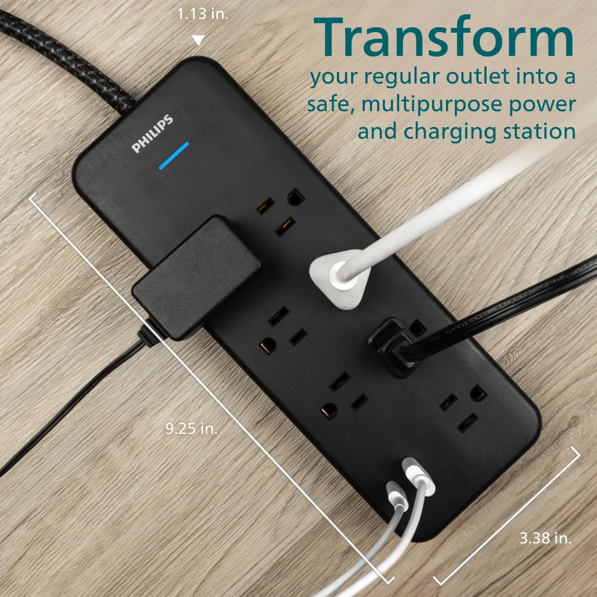 Philips 7-Outlet Surge Protector with USB Charging, 1USB-A, 1USB-C, 1500J, Adapter Spaced, 4ft Braided Cord, Black