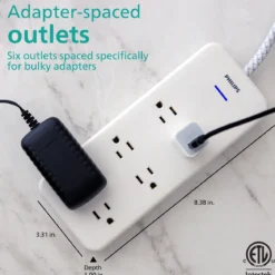 Philips 6-Outlet Surge Protector, 1080J, Adapter-Spaced, 8ft Braided Cord, White