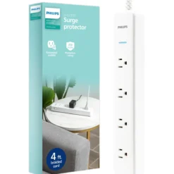 Philips 4-Outlet Surge Protector Power Strip, 4 Ft Braided Extension Cord, Multi Plug Outlet Extender, Adapter-Spaced, 450 Joules, White