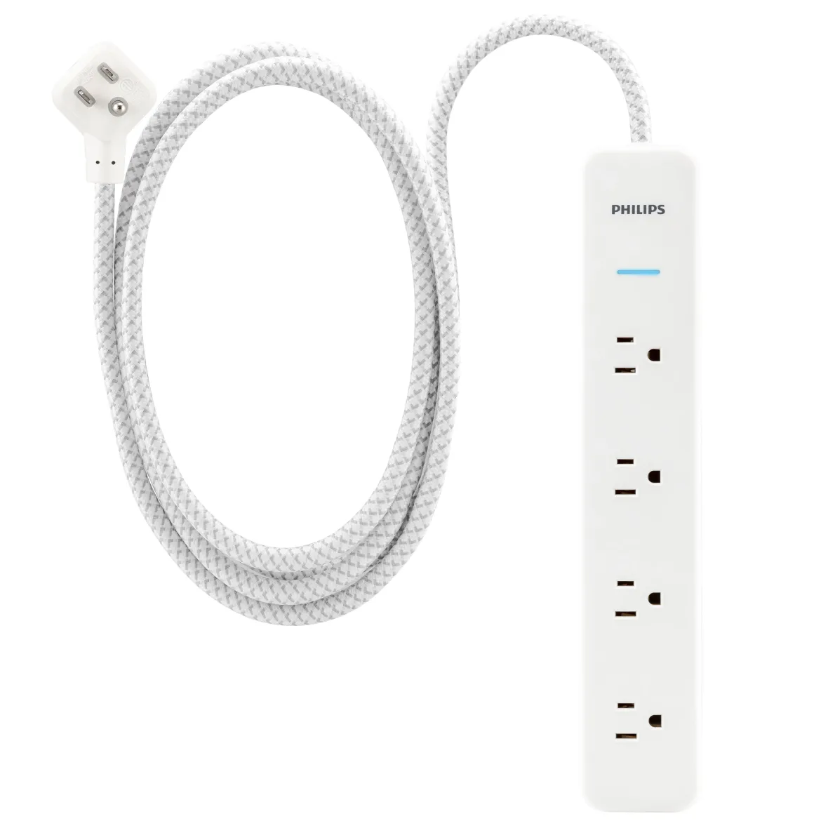 Philips 4-Outlet Surge Protector Power Strip, 4 Ft Braided Extension Cord, Multi Plug Outlet Extender, Adapter-Spaced, 450 Joules, White