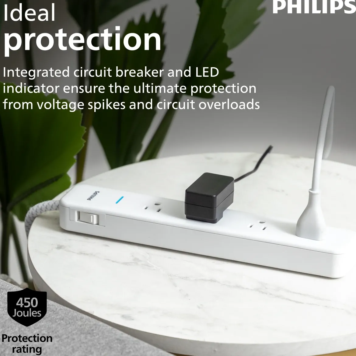 Philips 4-Outlet Surge Protector Power Strip, 4 Ft Braided Extension Cord, Multi Plug Outlet Extender, Adapter-Spaced, 450 Joules, White