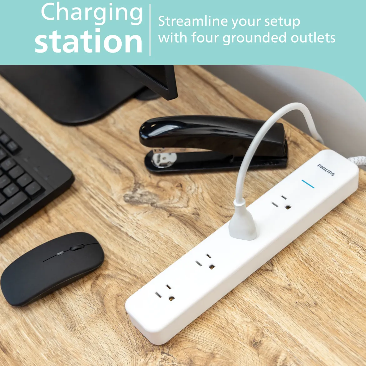 Philips 4-Outlet Surge Protector Power Strip, 4 Ft Braided Extension Cord, Multi Plug Outlet Extender, Adapter-Spaced, 450 Joules, White