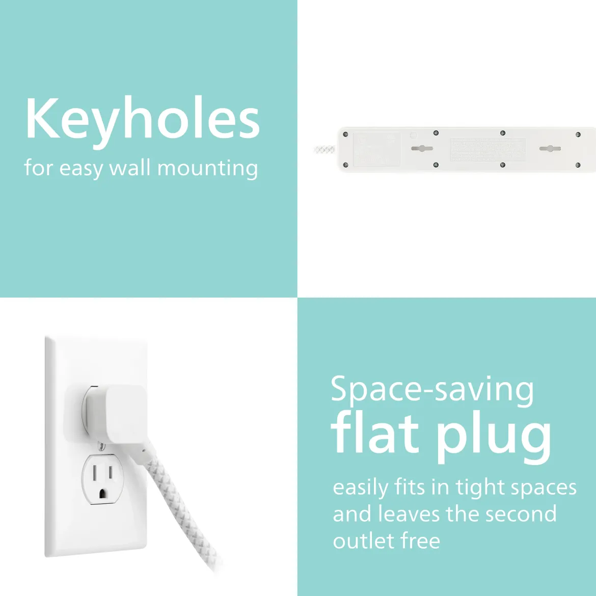 Philips 4-Outlet Surge Protector Power Strip, 4 Ft Braided Extension Cord, Multi Plug Outlet Extender, Adapter-Spaced, 450 Joules, White