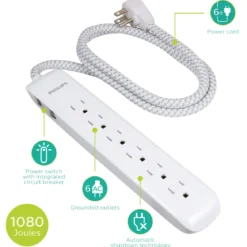 Philips 6-Outlet Surge Protector, 1080J, 6ft Braided Cord, White/Gray