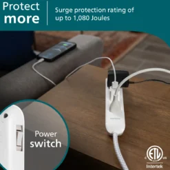 Philips 6-Outlet Surge Protector, 1080J, 6ft Braided Cord, White/Gray