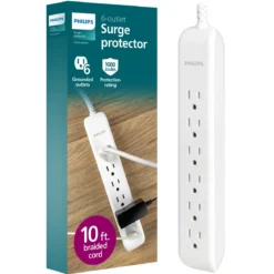 Philips 6-Outlet Surge Protector, 1080J, 10ft Braided Cord, White/Gray