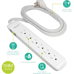 Philips 6-Outlet Surge Protector, 1080J, 10ft Braided Cord, White/Gray