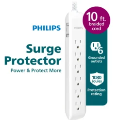 Philips 6-Outlet Surge Protector, 1080J, 10ft Braided Cord, White/Gray
