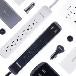 Philips 6-Outlet Surge Protector, 1080J, 10ft Braided Cord, White/Gray