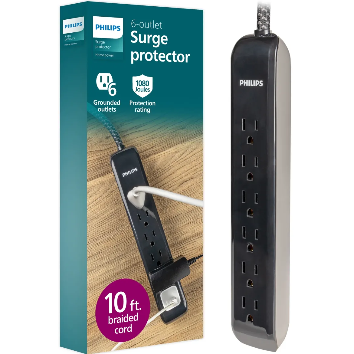 Philips 6-Outlet Surge Protector, 1080J, 10ft Braided Cord, Black