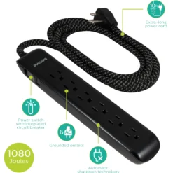 Philips 6-Outlet Surge Protector, 1080J, 10ft Braided Cord, Black