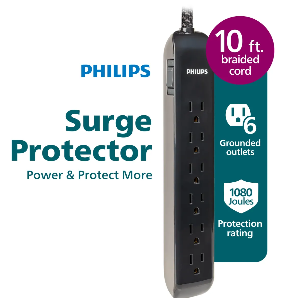 Philips 6-Outlet Surge Protector, 1080J, 10ft Braided Cord, Black