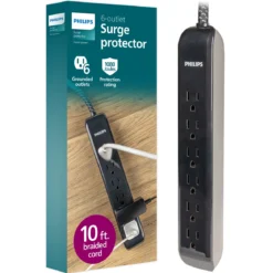 Philips 6-Outlet Surge Protector, 1080J, 10ft Braided Cord, Black