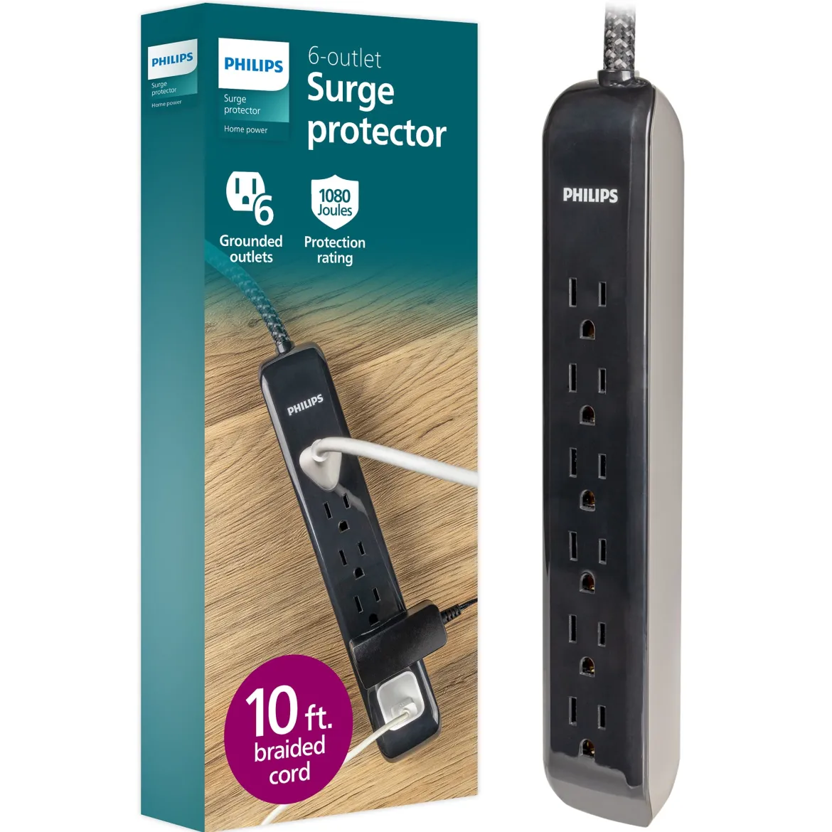 Philips 6-Outlet Surge Protector, 1080J, 10ft Braided Cord, Black